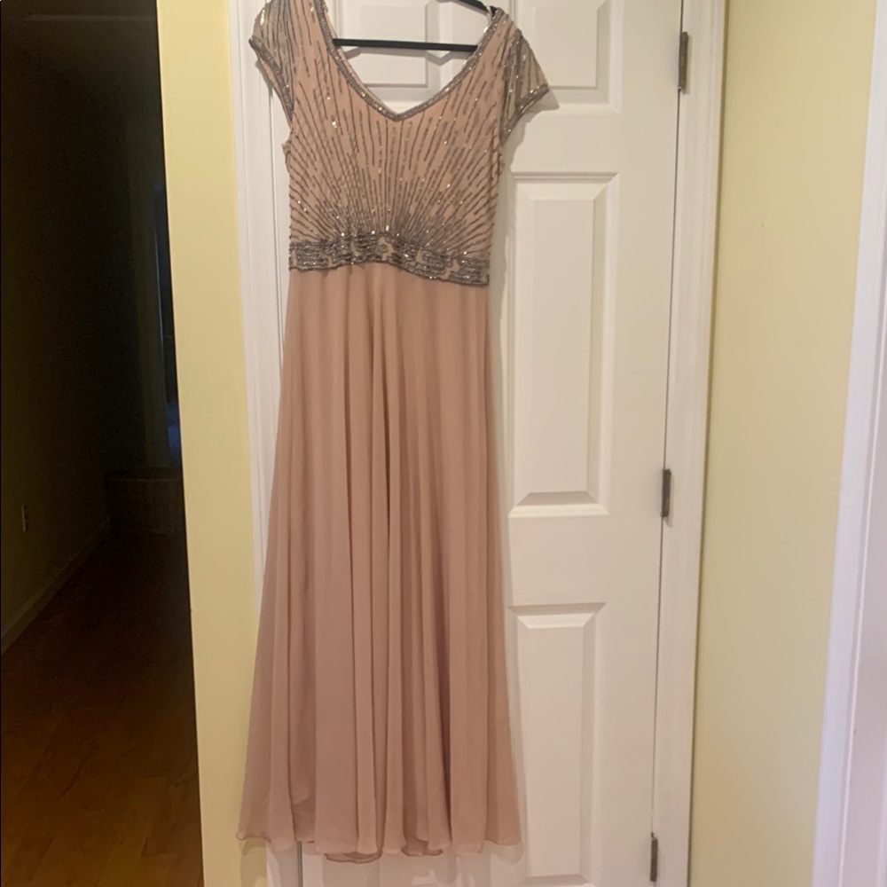 J Kara Tan Silver Sequin Embellished Cap Sleeve Wedding Dress